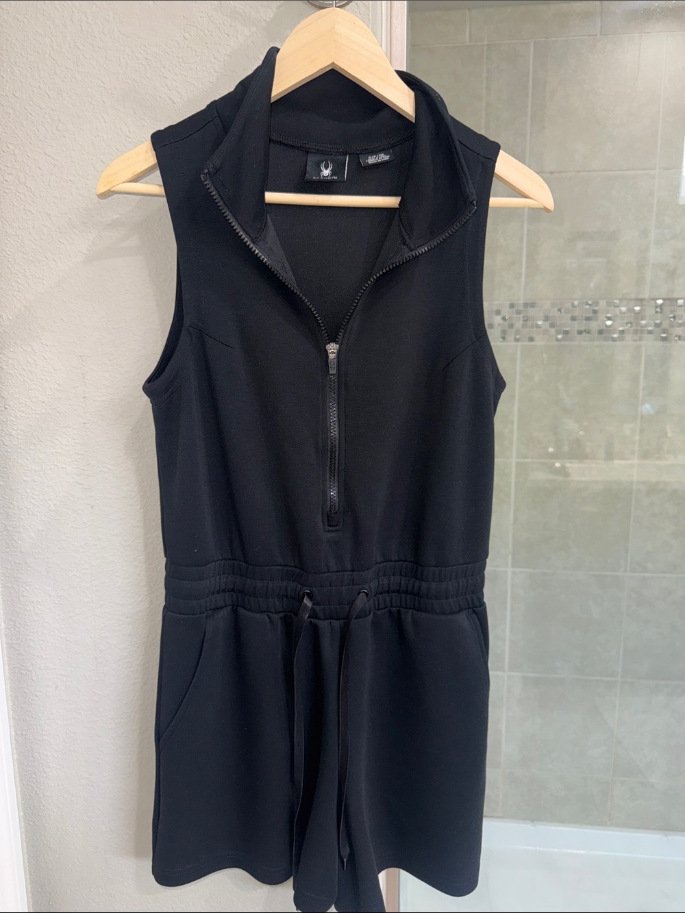 Spider Black Sleeveless Black Romper Zip Front Size Small w/ pockets Luxe Fabric